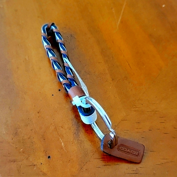 COACH BRAID 🔑 FOB LEATHER BRAID KEY FOB SV/WT, WHITE/BROWN LEATHER, RARE VNTG - Picture 2 of 4